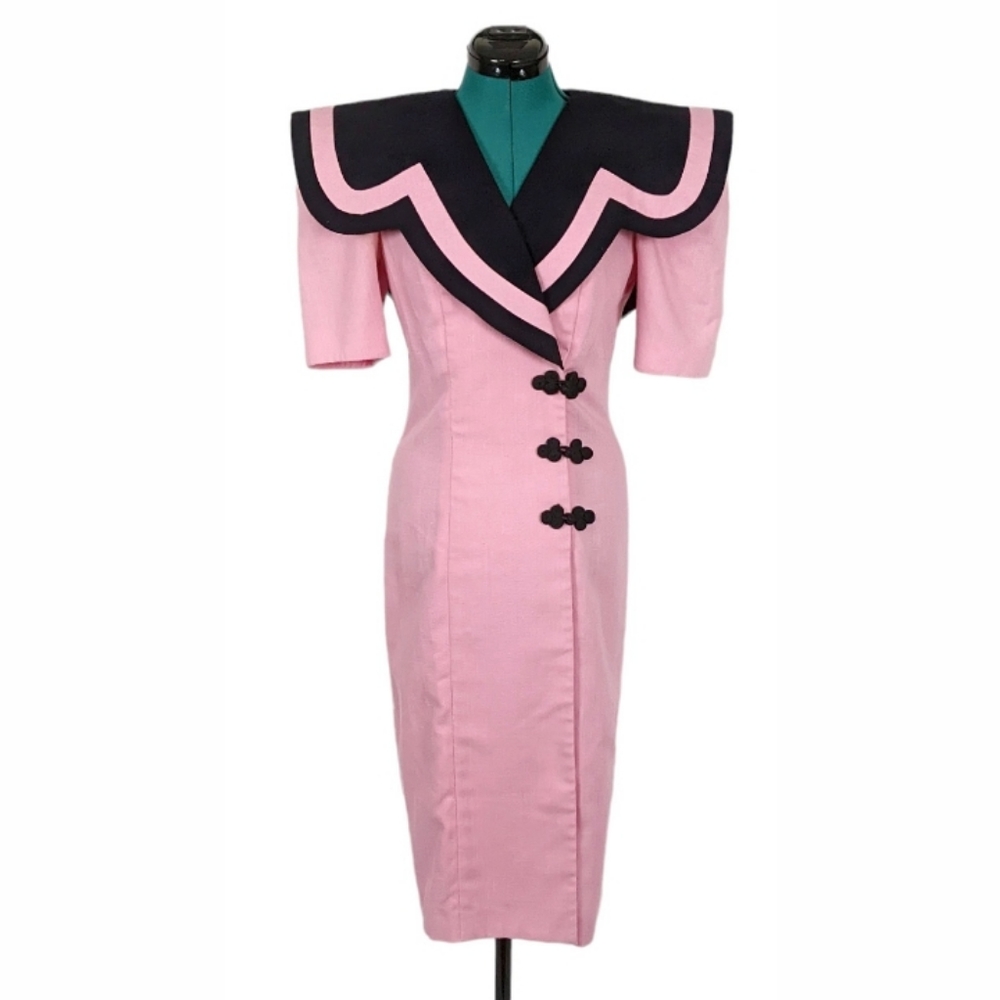 1980s Statement Sailor Sheath Dress Bold Shoulder Pads Ann Tobias 1990s Rare vtg - Picture 10 of 10